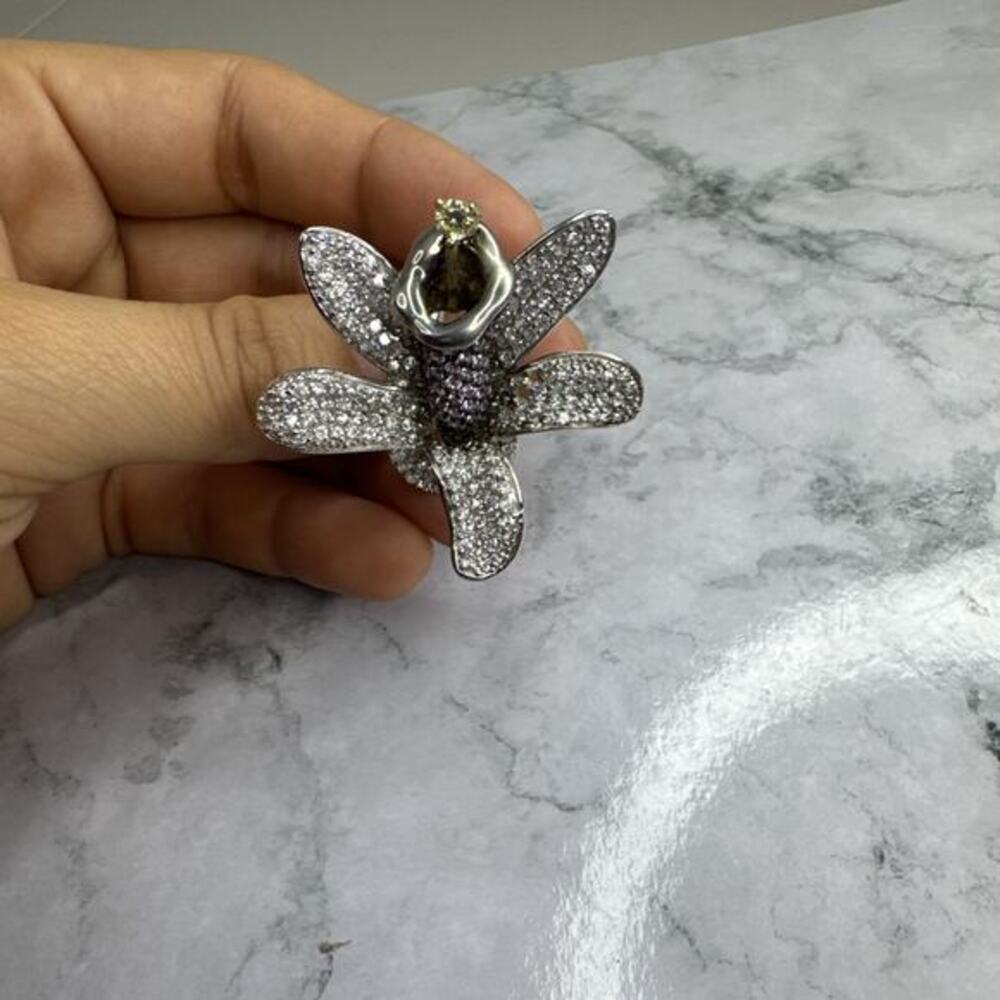 Vintage Cocktail Ring Clear CZ Pave Orchid Flower Size 8